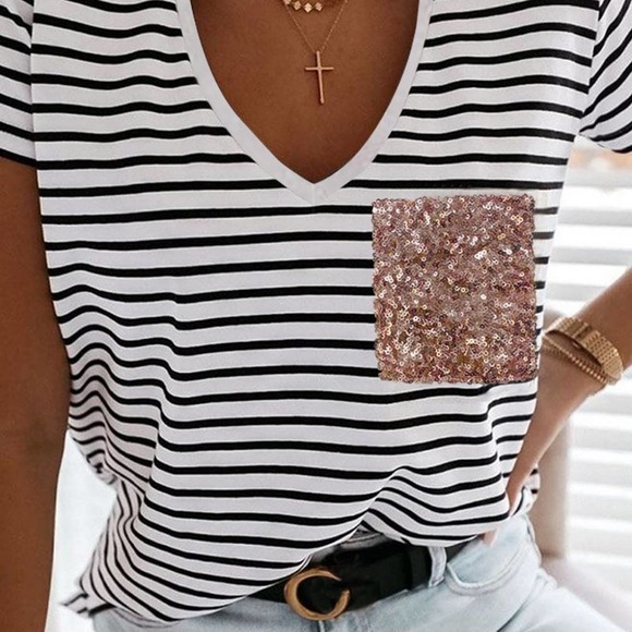 BLACK WHITE CHIC STRIPED TEE SEXY NECKLINE SEQUINED POCKET MEDIUM - Picture 2 of 3